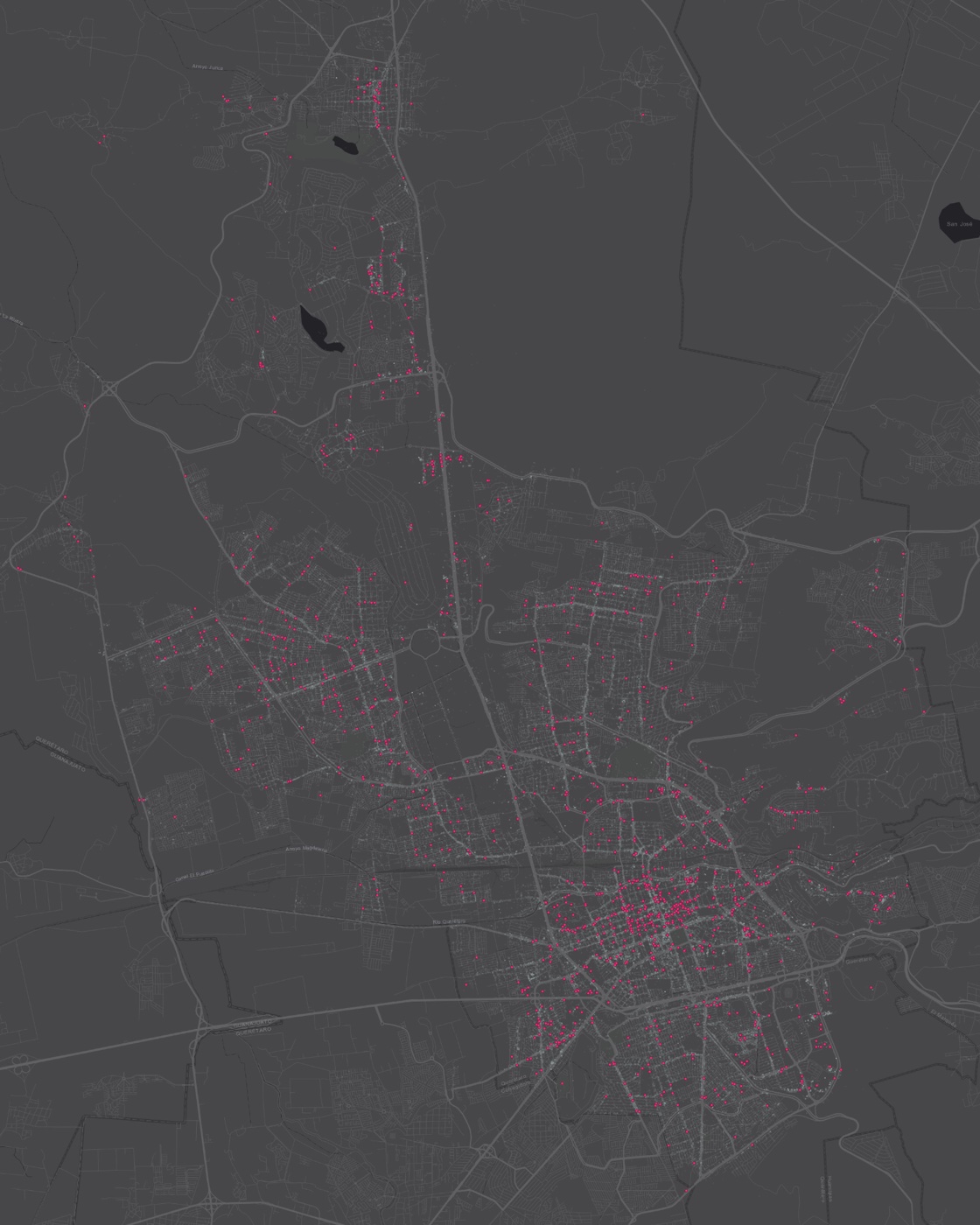 Las 1,455 cafeterías de Querétaro como pins rosas sobre los 131,067 negocios del municipio en gris