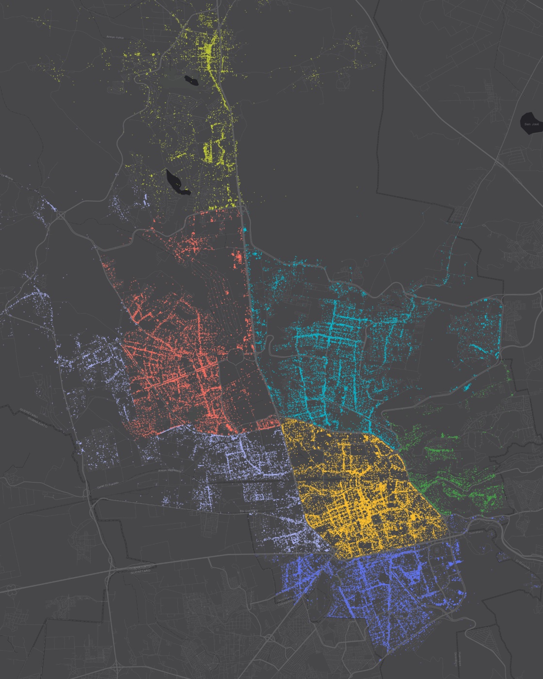 Los 109,487 negocios georreferenciados de Querétaro coloreados por delegación municipal