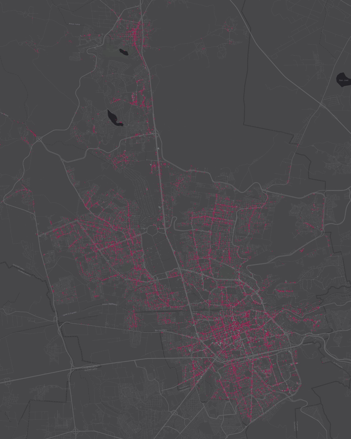 Los 13,328 restaurantes de Querétaro como pins rosas sobre los 131,067 negocios del municipio