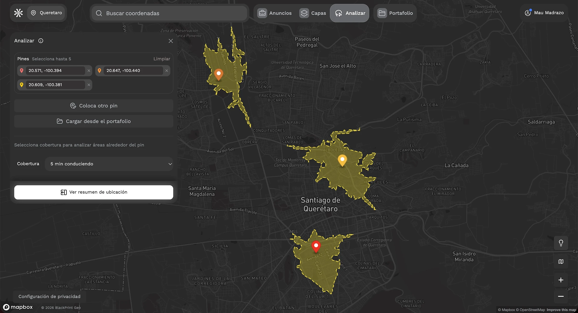 Plataforma BlackPrint — análisis de cobertura de tres ubicaciones en Querétaro
