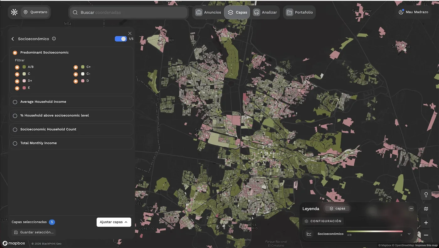 Mapa de nivel socioeconómico por manzana en la plataforma BlackPrint